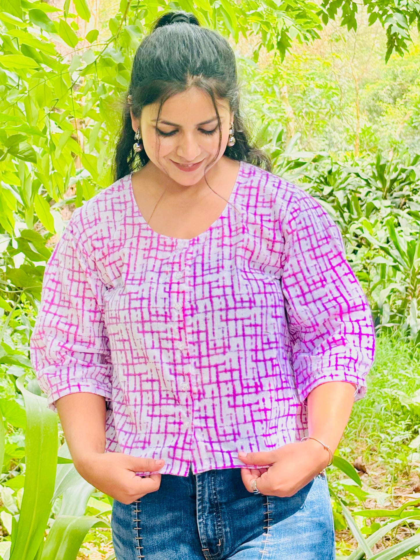 Puzzle check cotton shirt top