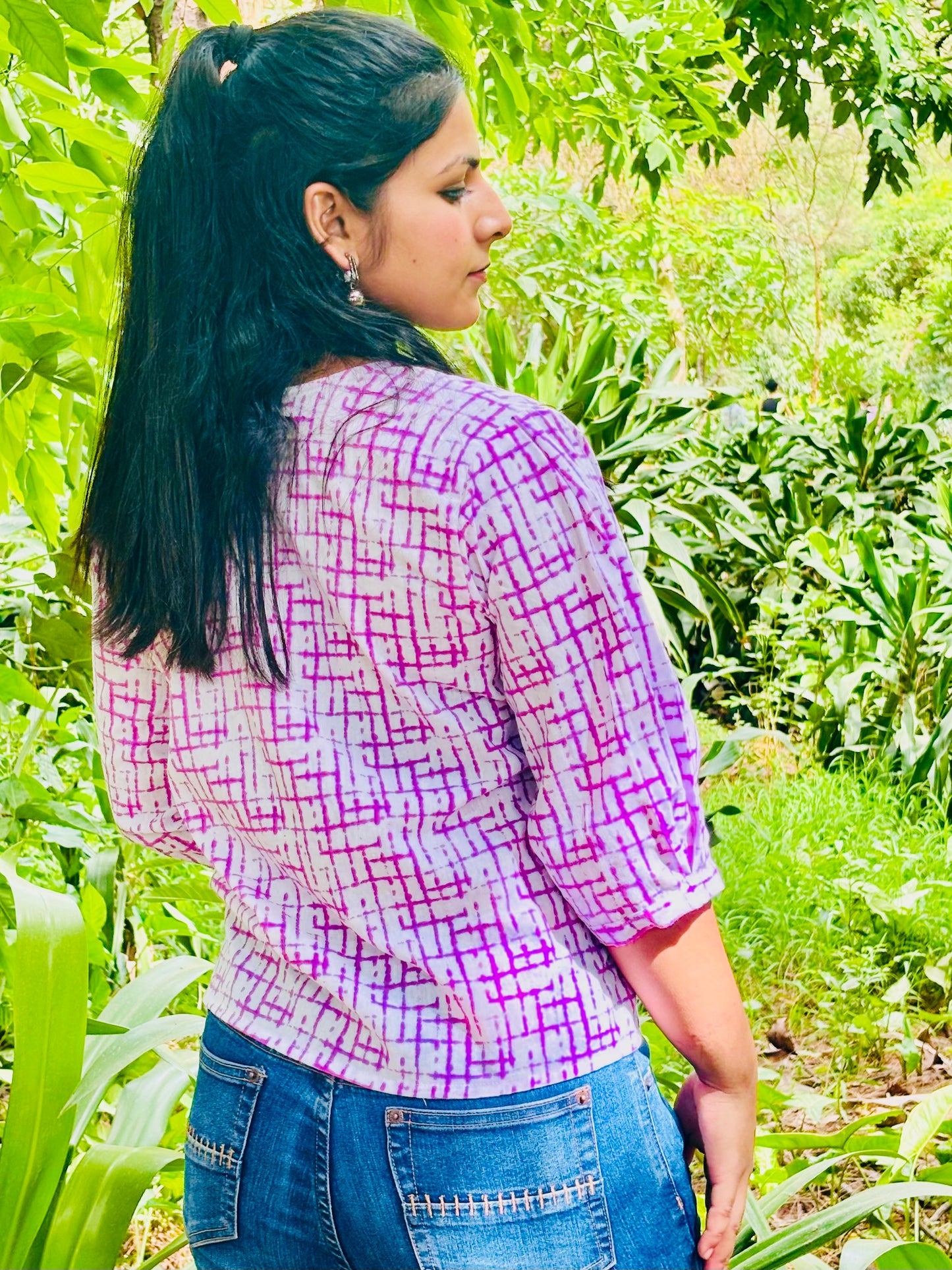 Puzzle check cotton shirt top