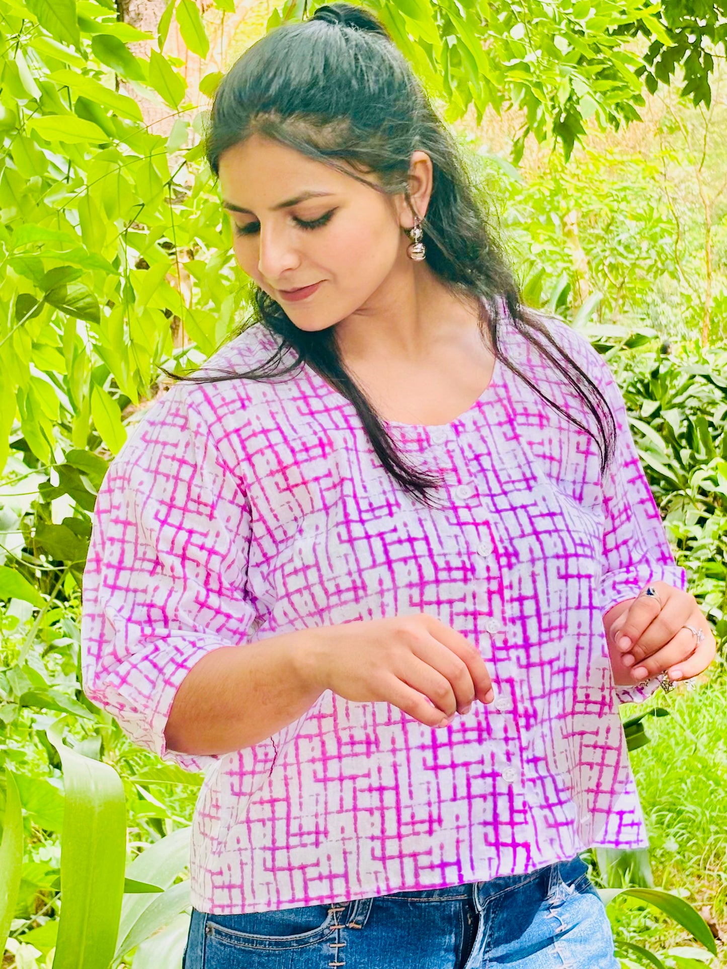 Puzzle check cotton shirt top