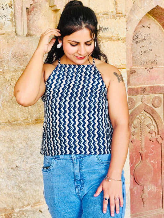 Navy Pulse Zig-Zag Crop Top