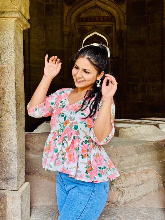 Trendy floral print casual wear frock top
